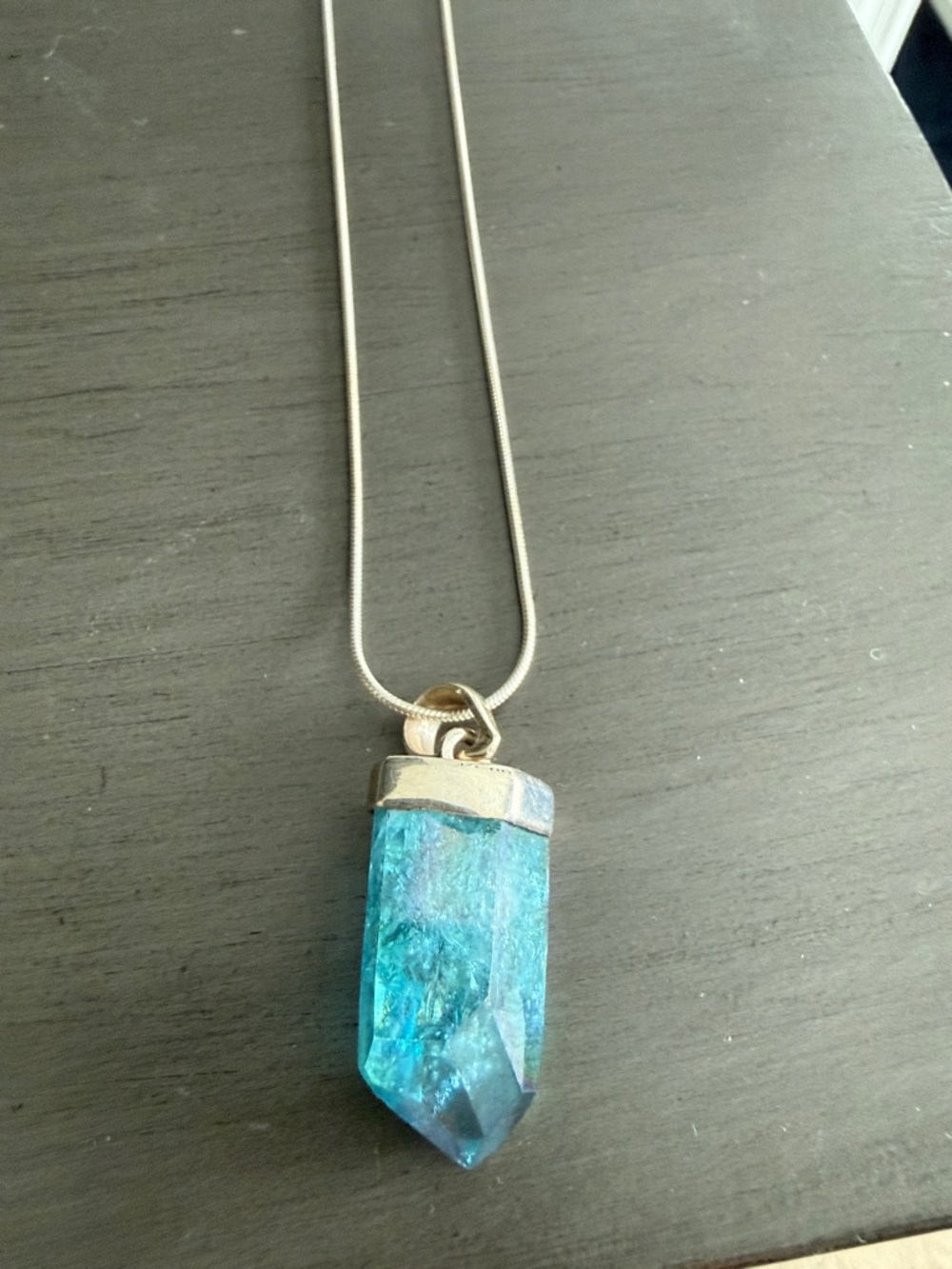 Blue Crystal Point Pendant Necklace with Silver-Tone Cap
